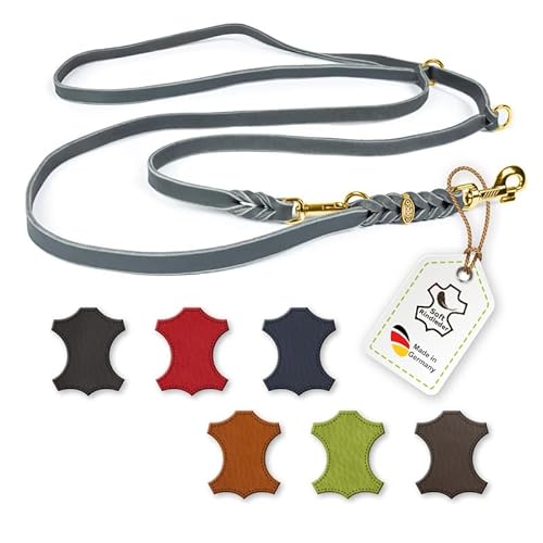 CopcoPet – Fettlederleine für Hunde – 3-Fach verstellbare Hundeleine aus weichem Leder mit Karabinern & Beschlägen aus Messing – geflochtene Führleine 100% Handmade in Germany (2,40 m x 15mm | Grau) von CopcoPet