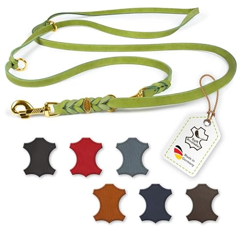 CopcoPet – Fettlederleine für Hunde – 3-Fach verstellbare Hundeleine aus weichem Leder mit Karabinern & Beschlägen aus Messing – geflochtene Führleine 100% Handmade in Germany (2,40 m x 15mm | Grün) von CopcoPet