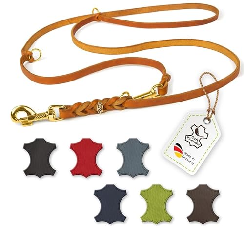CopcoPet Fettlederleine, 3-Fach verstellbare Hundeleine aus weichem Leder mit Messingbeschlägen, geflochtene Umhängeleine für kleine Hunde (2m x 8mm | Cognac) von CopcoPet