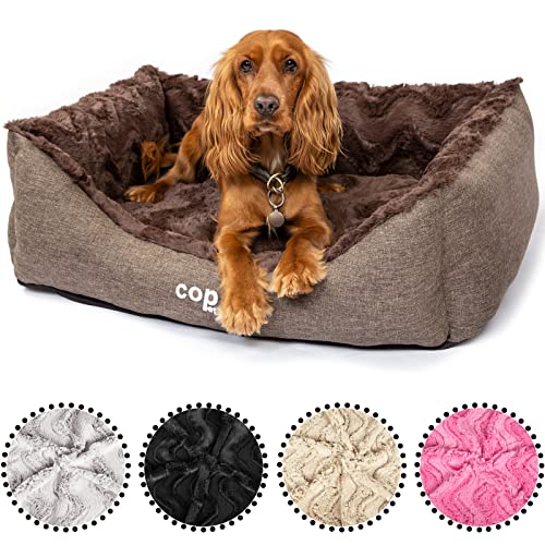 CopcoPet Hundebett Pia Grau 80 x 60 cm – Kuscheliges Körbchen mit Plüsch & Canvas – Waschbar, rutschfest & pflegeleicht – Mit erhöhtem Rand – Für kleine Hunde von CopcoPet