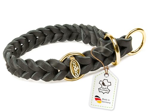 CopcoPet Hundehalsband Würger 40–45 cm x 20mm Schwarz – Geflochtenes Halsband mit Zugstopp & Messing Ring – Aus robustem Fettleder – Für mittelgroße Hunde – Weiches Lederhalsband fürs Training von CopcoPet
