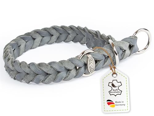 CopcoPet Hundehalsband Würger 40–45 cm x 25mm Grau – Geflochtenes Halsband mit Zugstopp & verchromtem Ring – Aus robustem Fettleder – Für mittelgroße Hunde – Weiches Lederhalsband fürs Training von CopcoPet