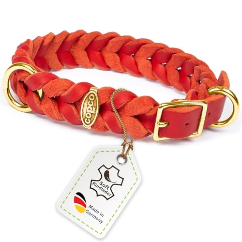 CopcoPet Hundehalsband aus Fettleder 45–49 cm x 20mm Rot – Geflochtenes Lederhalsband – Messing mit Dornschließe – Robust & verstellbar – Für große Hunde, ideal für Alltag & Training von CopcoPet