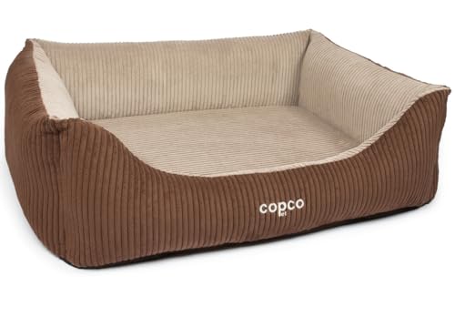 CopcoPet – Orthopädisches Hundebett Kyra in Cord Stoff M 80x60cm Braun/Beige – Hundekissen Viskose mit abnehmbarem & waschbarem Bezug – Hundekorb mit erhöhten Rändern & Rutschfester Unterseite von CopcoPet