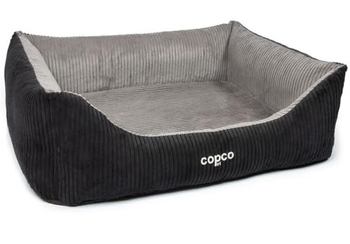 CopcoPet Hundebett Kyra Orthopädisch Cord Schwarz/Grau XXL 125 x 100 cm – Flauschiges Körbchen mit Visco-Matte & Einstieg – Abziehbar & waschbar – Für große Hunde, gelenkschonend & rutschfest von CopcoPet