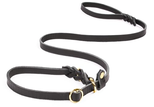 CopcoPet Retrieverleine mit Zugstopp für kleine Hunde – 1,20m x 10mm Moxonleine in Schwarz – Fettlederleine & Agilityleine aus Leder – stufenlos verstellbar, Handarbeit, Messing, wetterfest von CopcoPet