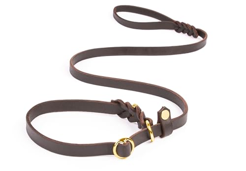 CopcoPet Retrieverleine mit Zugstopp für mittelgroße Hunde – 1,20m x 12mm Moxonleine in Braun – Fettlederleine & Agilityleine aus Leder – stufenlos verstellbar, Handarbeit, Messing, wetterfest von CopcoPet