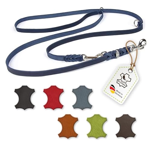 CopcoPet Fettlederleine für Hunde 3-Fach verstellbar Hundeleine aus weichem Leder mit Karabinern & Beschlägen aus Chrom geflochtene Führleine 100% Handmade in Germany 2,40 m x 8 mm Blau von CopcoPet