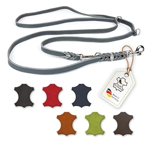 CopcoPet Fettlederleine für Hunde 3-Fach verstellbar Hundeleine aus weichem Leder mit Karabinern & Beschlägen aus Chrom geflochtene Führleine 100% Handmade in Germany 5,0 m x 8 mm Grau von CopcoPet