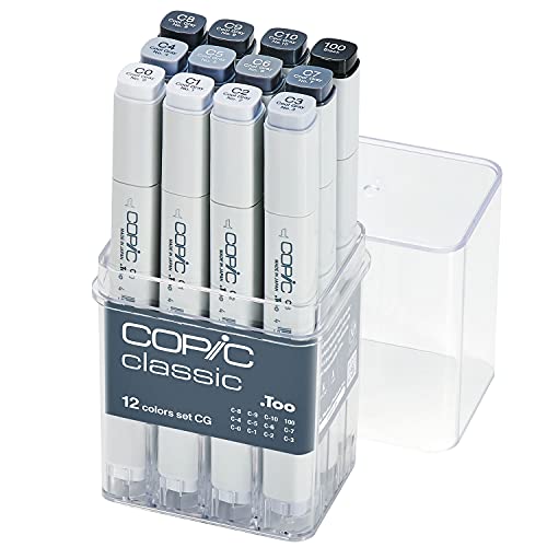 COPIC Classic Set "CG", 12er Set im Acryl-Display, Twin Marker mit einer mittelbreiten und einer feinen Spitze von Copic
