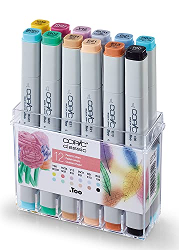 COPIC Classic Marker 12er Set "Pastell-Farben", professionellee Layoutmarker mit einer mittelbreiten und einer feinen Spitze von Copic
