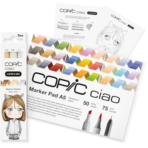 Copic Ciao LAYER & MIX Starter Set Mellow, Marker Set mit 3 verschiedenen Farben, Markerpapier und Zeichenvorlage zum abpausen, inkl. Kennenlern-Übungsblatt Copic Ciao LAYER & MIX Starter Set Mellow, Marker Set mit 3 verschiedenen Farben, Markerpapier und Zeichenvorlage zum abpausen, inkl. Kennenlern-Übungsblatt von Copic