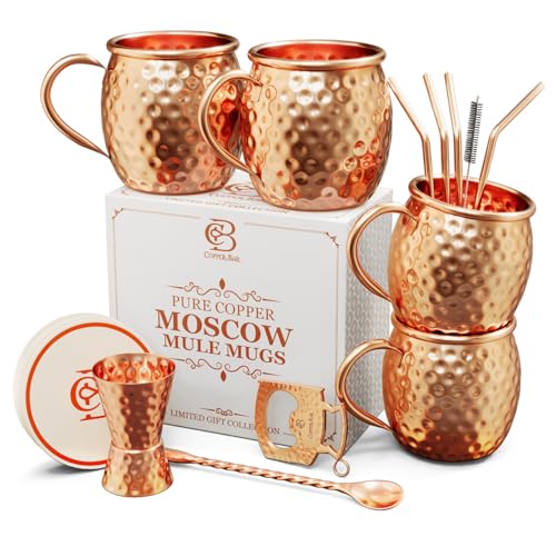 Copper-Bar Moscow Mule Kupferbecher – Set von 4 – 100 % handgefertigten, reinen massiven Kupferbechern – 473 ml Geschenk-Set mit Cocktail-Kupfer-Trinkhalmen, Kupfer-Rührer und Kupfer-Messbecher von Copper-Bar