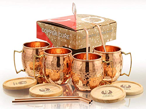 Copper Cure Solid Copper Mugs - Set of 4 (Gift Set) 16 Oz - Copper Hammered Mugs - 100% Handicrafted - Mugs - Copper Mugs - Copper Cups With BONUS Copper Straws & Coasters by von Copper Cure