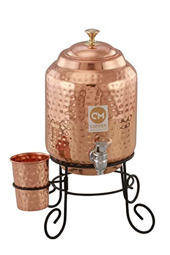 Copper-Master 5 Liter Wasserspender aus gehämmertem Kupfer (Matka/Pot) Behälter Topf mit 1 Kupferglas und Ständer aus reinem Kupfer und ayurvedischen gesundheitlichen Vorteilen (5000 ml) von Copper-Master