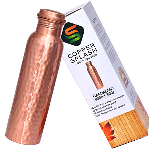 Wasserflasche aus Kupfer, gehämmert, reines Kupfer, aus einem Stück, auslaufsicher, ayurvedische Gesundheitsvorteile. Fassungsvermögen: 900 ml. von CopperSplash