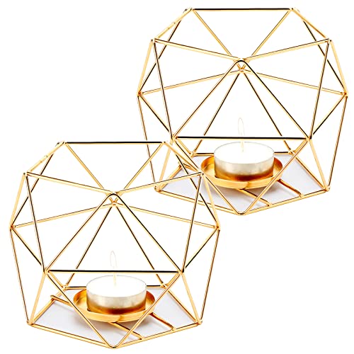 Coptiner 2 Stück Teelichthalter Kerzenständer Metallkerzenhalter, Eisen hohl geometrisch Teelichthalter für Hochzeit, Geburtstag, Party, Wohnzimmer, Heimdekoration, Gold von Coptiner