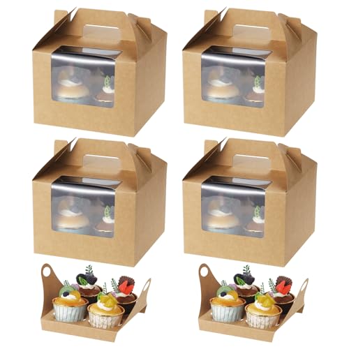 Coptiner 25 Pack Cupcake-Boxen, 4 Löcher mit Fenster und Einsätze, Kuchen-Boxen Bäckerei Boxen Karton Verpackung Box Kuchen Carrier Container für Muffins Gebäck Cupcakes Cookies von Coptiner