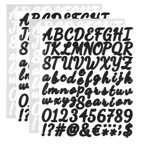 Coptiner 4 PCS Brief Aufkleber Selbstklebendes Vinyl handgeschriebenes Alphabet Zahl Kleine Symbol Aufkleber Kit für DIY Scrapbooking Graduation Cap Poster Board Flaschen Dekor Schwarz-Weiß von Coptiner