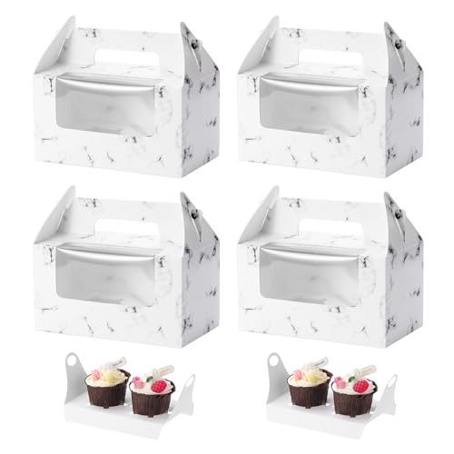 Coptiner Cupcake-Boxen, 2 Löcher mit Fenster mit Griff, Marmor-Cupcake-Tragetasche, kleine Bäckerei-Boxen zum Tragen und Präsentieren von leckeren Muffins, Feenkuchen, 50 Stück (Marmor) von Coptiner