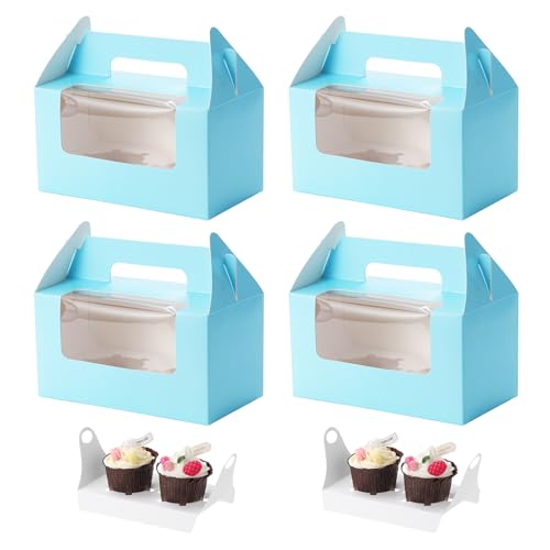 Coptiner Cupcake-Boxen, 2 Löcher mit Fenster mit Griff, blaue Cupcake-Tragetasche, kleine Backwaren, Gebäckboxen zum Tragen und Präsentieren von leckeren Muffins, Feenkuchen, 50 Stück (blau) von Coptiner
