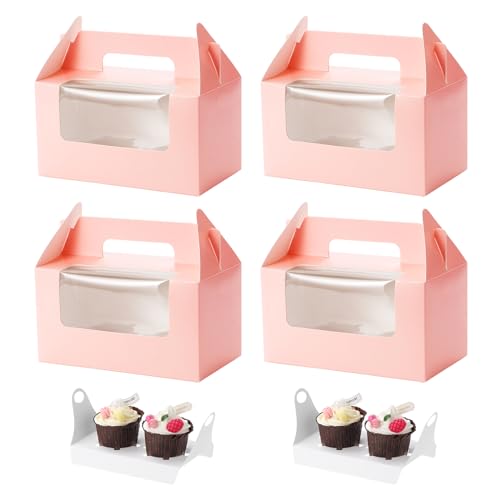 Coptiner Cupcake-Boxen, 2 Löcher mit Fenster mit Griff, rosa Cupcake-Tragetasche, kleine Backwaren, Gebäckboxen zum Tragen und Präsentieren von leckeren Muffins, Feenkuchen, 50 Stück (Rosa) von Coptiner