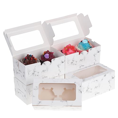 Coptiner Cupcake-Schachteln, 2 Löcher, mit Fenster Kuchen-Boxen, Bäckerei-Boxen, Kartonverpackungsbox für Gebäck, Cupcakes, Kuchen, Kekse, Desserts (2 Löcher, Marmor-Weiß)) von Coptiner