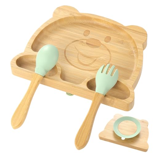 Coptiner Kinder und Kleinkinder Bambus Teller,Rutschfester Babyteller,Baby Saugnapfplatte,Baby Geschirr Set,Saug-Fütter-Teller,Kindergeschirr-Set für Babys ab 3 MonatenRutschfest,4er-Set (Bär) von Coptiner