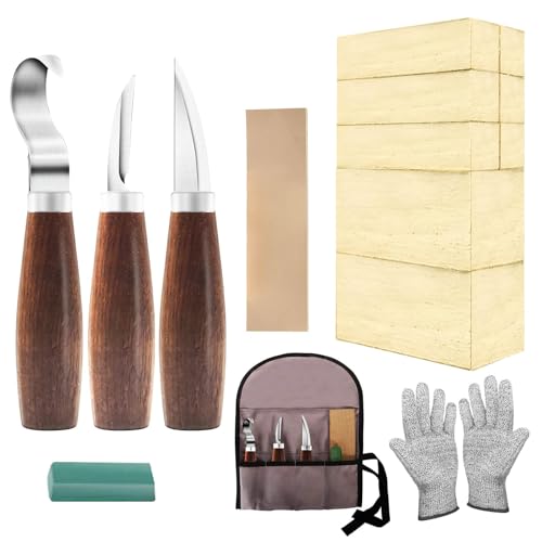 Holzschnitzset mit Lindenholzblöcken, Geschenkset für Erwachsene, Anfänger, Holzschnitzset-Set enthält 3 Holzschnitzmesser und 8 Blöcke und Handschuhe für Widdling Kit von Cor cordium