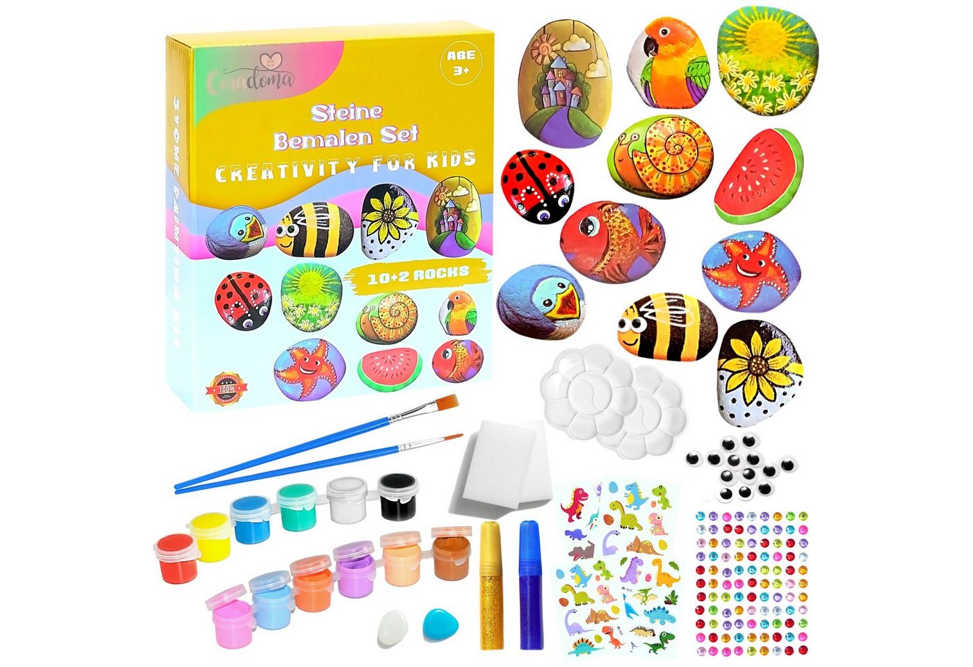 Coradoma Kreativset Steine zum Bemalen DIY Set Bastelset Kinder Malen Kreativ, (Bastelset, 10 Steine + 2 Leuchtsteine) von Coradoma