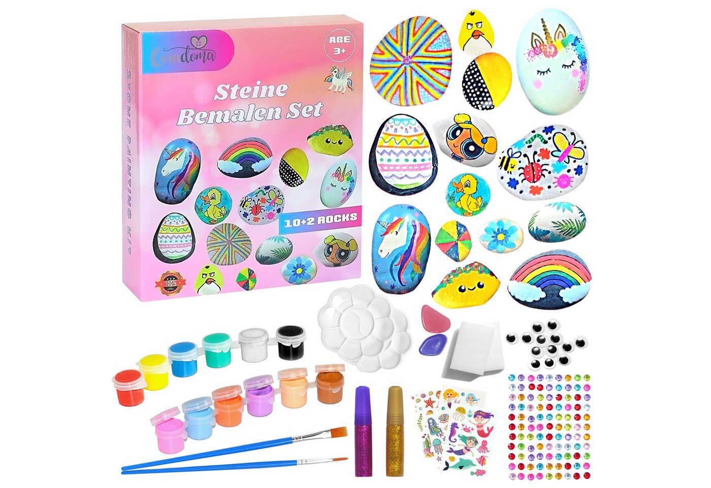 Coradoma Kreativset Steine zum Bemalen DIY Set Bastelset Kinder Malen Kreativ, (Bastelset, 10 Steine + 2 Leuchtsteine) von Coradoma