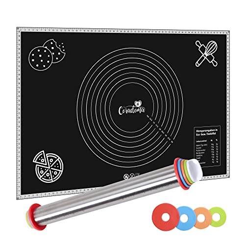 Coradoma Silikon Backmatte 60x40 cm mit Edelstahl Teigroller | Dauerbackfolie zum Backen von Teig, Fondant, Pizza, Brot | Wiederverwendbare Silikonmatte Backunterlage rutschfest | Antihaft Teigmatte von Coradoma