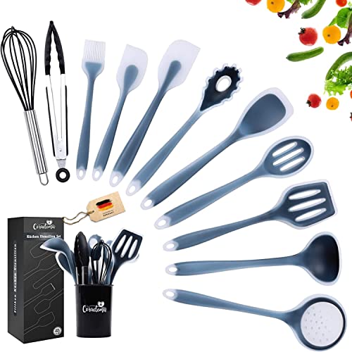 Coradoma Silikon Geschirrset Küche | Küchenutensilien 12-teilig Küchenhelfer Set mit Pfannenwender, Schneebesen, Kochlöffel, Suppenkelle | Kochbesteck Kochgeschirr Haushaltshelfer Küchenzubehör von Coradoma