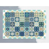 Blaue Gelbe Quadrate Und Dekorative Vinylmatte, Grüner Linoleumteppich, Blaue Vinylbodenmatte, Fliesen-Vinylteppich, Küchenmatte Blaue Gelbe Quadrate Und Dekorative Vinylmatte, Grüner Linoleumteppich, Blaue Vinylbodenmatte, Fliesen-Vinylteppich, Küchenmatte von CoralHorizon