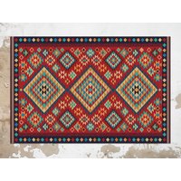 Bunter Mosaikteppich Traditionelle Vinylmatte, Roter Vinylteppich, Blauer Linoleumteppich, Folklore Vinylbodenmatte, Pvc-Matte, Dekorative Matte von CoralHorizon