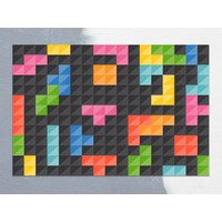 Bunter Tetris Spiel Vinyl Matte, Blaue Bodenmatte, Orange Teppich, Linoleum Vinylboden, Komfortmatte von CoralHorizon