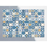 Dense Original Arabeske Fliesen Vinyl Matte Gelb Teppich Blau Linoleum Teppich, Bodenmatte, Küchenmatte, Dekorative Matte, Kunst von CoralHorizon