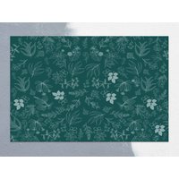 Filigrane Weiße Geradlinige Blumen Vinyl Matte, Grüner Linoleum Teppich, Blaue Bodenmatte, Pvc Vinylboden, Komfortmatte von CoralHorizon