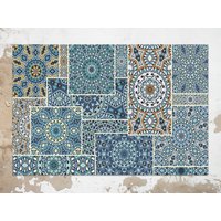 Türkis Dekorative Mandala Vinyl Matte, Blauer Linoleum Teppich, Beige Bodenmatte, Patchwork Vinylboden, Kunst Matte von CoralHorizon
