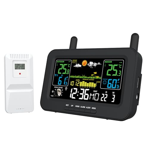 Weather Station Wetterstation Funk& Outdoor-Sensoren – Innen/Außen Thermometer Hygrometer, DCF77 Funk-Uhr, Mondphase, Luftdruckmessung (Inklusive) von Coraltree