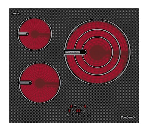 Corberó CCVG3BL573 Ceran-Kochfeld, 3 Zonen, 5700 W, Touch-Steuerung, große Fläche 30 cm, Timer, 9 Leistungsstufen, automatische Sicherheitsabschaltung, Sicherheitsverriegelung von Corbero