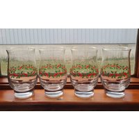 4Er Set Vintage Libbey Für Arby Es Holly, Beeren & Rotes Band Tulpe Wirbelstürme Gläser Mit Goldrand von CordovaVintage