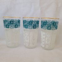 Vintage 3Er Set Mid Century Türkis & Weiß Anker Hocking Gläser Becher Retro Trinkgeschirr von CordovaVintage