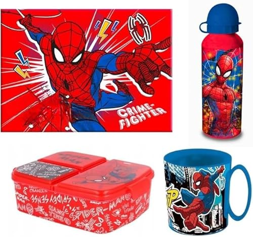 Spiderman Lunch-/Snack-Set Trinkflasche PP Mikrowelle Box Snackbox Kunststoff wiederverwendbar und Tischdecke Stoff für Kinder Schule Kindergarten von Coriex