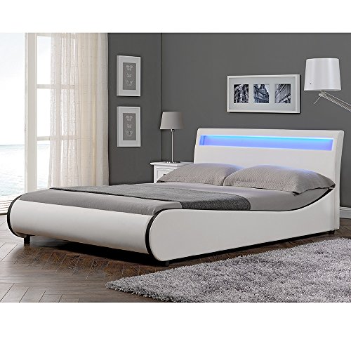 Corium LED Polsterbett Valencia Wellenförmiges Doppelbett mit LED Beleuchtung aus Kunstleder Lattenrost & gepolstertes Kopfteil 140x200cm Weiß mit schwarzer Kante von Corium