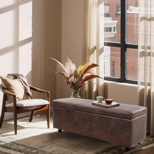 Corium Sitzbank mit Stauraum Bukit Sitztruhe bis 150 kg belastbar Truhenbank gepolstert Kunstleder 118 x 37 x 43 cm Polsterbank mit Deckel klappbar Braun von Corium