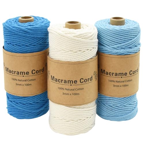Coriver 3 Stück Makramee Garn, 3mm x 100m Macrame Cord, Makramee Schnur, Makrameegarn Kordel, Makramee Starter Set für DIY Handwerk Weben Dekoration Hängepflanze Pflanze Aufhänger (3. blau) von Coriver