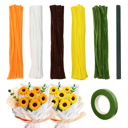 Coriver Pfeifenreiniger Blumen Set, 300 Stück Pfeifenputzer mit Blumenmotiv Zum Basteln, 5 Farben, 7mm Sonnenblumen Pfeifenreiniger, Grüne Chenille Stiele, Weiße Blumenstrauß für DIY Dekorationen von Coriver