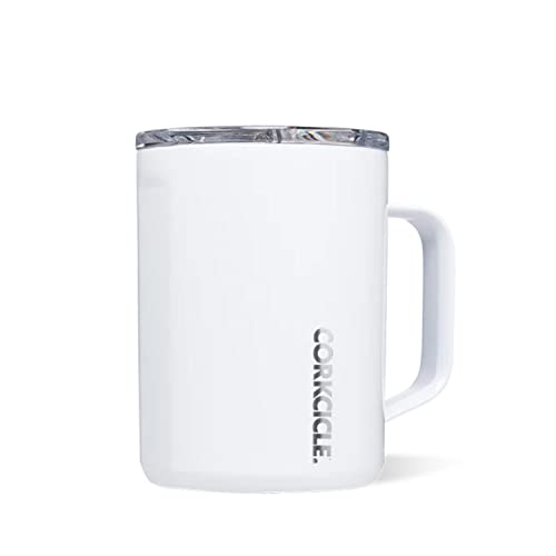 Corkcicle Origins Reise-Kaffeetasse, dreifach isolierter Edelstahlbecher mit Griff für Tee, heiße Schokolade, Kaffee und mehr, auslaufsicher, wiederverwendbar, spülmaschinenfest, glänzend, Weiß, 475 von Corkcicle