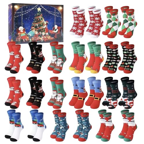 Adventskalender Weihnachten mit 12/24 Paar Socken 2025, Unisex Socken 12/24 Tage Countdown Weihnachten Geschenk Überraschungen Warme Baumwollsocken für Frauen Männer von Corlidea